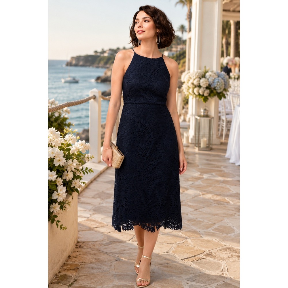 Chico's Navy Blue Palm Leaf Lace Halter Midi Dress NWT Size 0.5 US 6